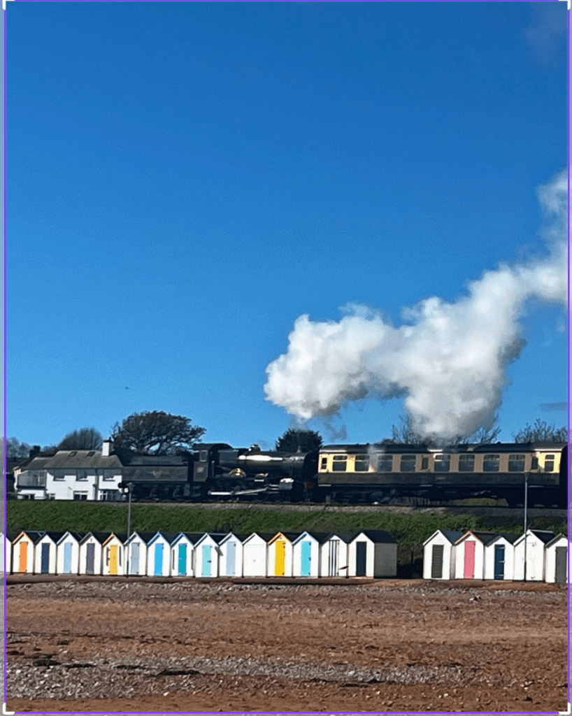 Dartmouth steam train passing behind beach huts