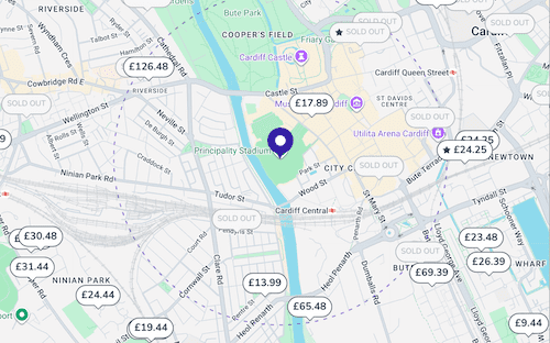 Map of parking prices around Cardiff Principality Stadium